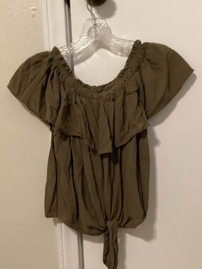 Express Olive Green Off-The-Shoulder Tie-Front Blouse